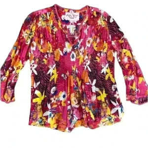 Hot Pink Floral Flare Sleeve Blouse V-Neck Size M